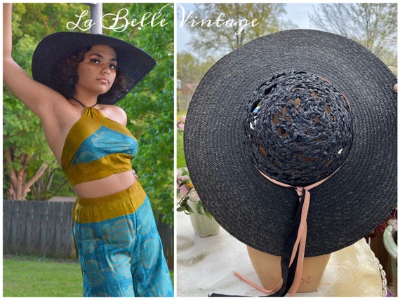 1950’s Wide Brim New Look Sun Hat Vintage Black Braided Straw Perforated  Crown Trailing Ribbon Trim Made in Italy