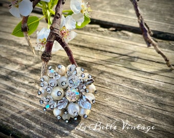 Vendome White Givre Glass Bead Brooch ~ Vintage Hand Strung Pierced Beaded Pin ~ Rhinestones Crystals Silver Leaves