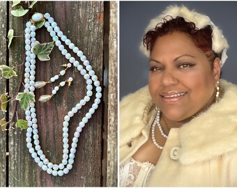 Iridescent Milk Glass Necklace Earrings Demi Parure ~ Vintage Ivory Pearls and Blown Glass Beads