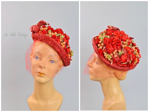 Red Velvet Berries Hat ~ Vintage 50s Plaited Straw Floral Chapeau ~ Birdcage Veil ~ Ethel Frank of NY View 2