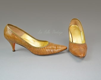 Brown Lizard Stilettos Vintage 1960s Palizzio Shoes 8.5 US 6.5 UK ~ Original Box