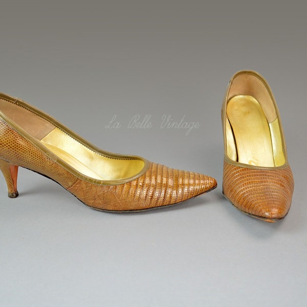 Brown Lizard Stilettos Vintage 1960s Palizzio Shoes 8.5 US 6.5 UK ~ Original Box
