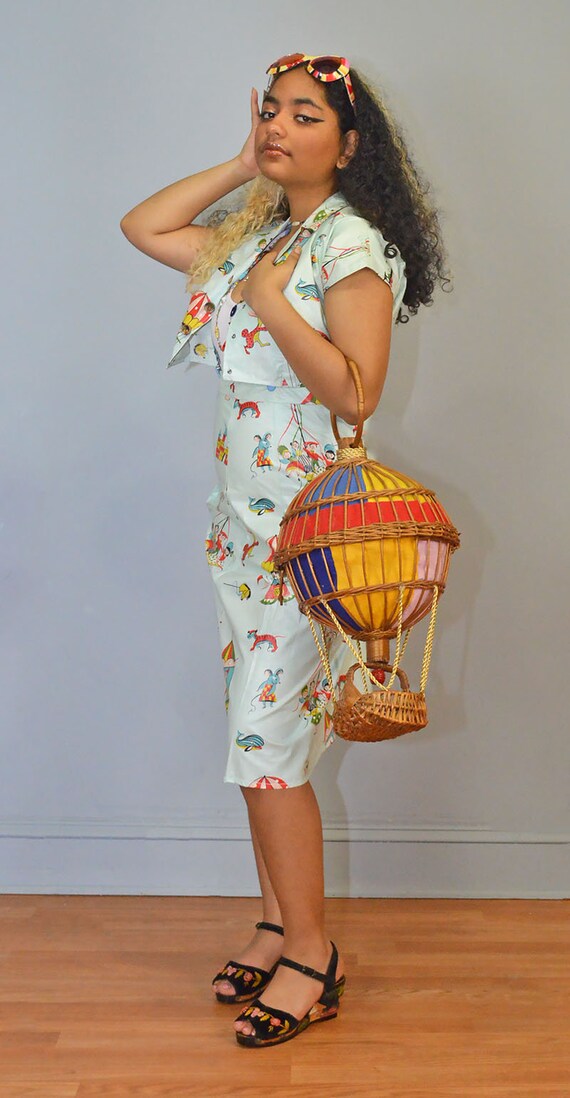 HUGE Novelty Hot Air Balloon Wicker Purse Vintage… - image 4