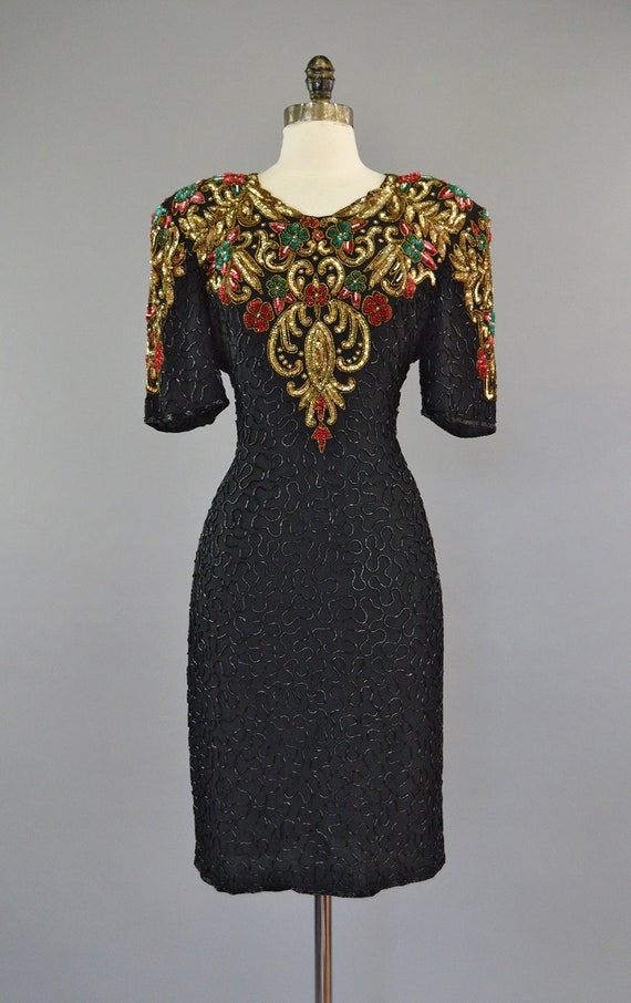 Colorful Sequin Cocktail Dress L Vintage Black Be… - image 2