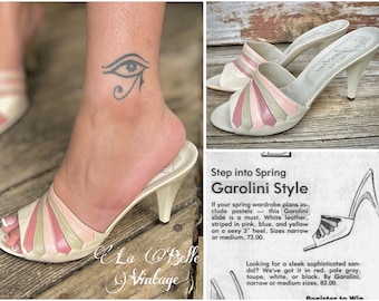 Pastel Leather Stripe Stilettos US 8 UK 6 Vintage Ivory High Heel Slides ~ Garolini Mes Amis Made in Italy Shoes ~ Deadstock