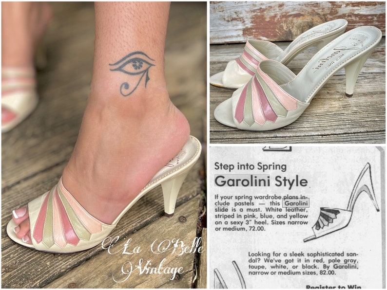 May include: White leather heeled sandals with pink, blue, and yellow stripes. The sandals have a 3-inch heel. The text "Step into Spring Garolini Style" is visible in the image.