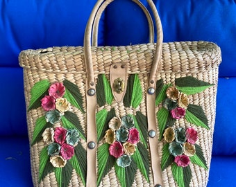 Vintage Large Raffia Tote ~ 1970s Retro Woven Market Bag ~ Embroidered Leaves Colorful Flowers