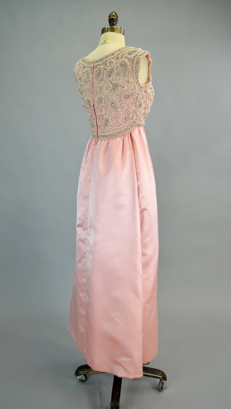 Extravagant Beaded Silk Bustle Gown XS S Vintage 1960s Pink Bejeweled Dress Rhinestone Pearls Makoff image 6