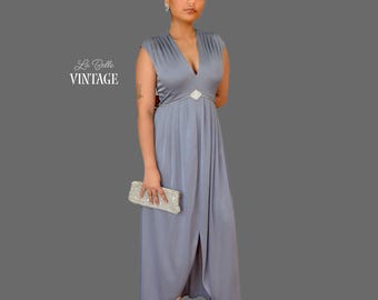 1970s Silver Slate Gray Disco Dress S ~ Asymmetrical Front Slit ~ Vintage 70s Caron Rhinestone Trim Cocktail Party Gown