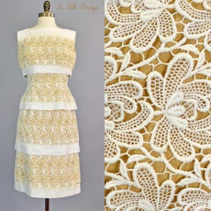 Linen & Lace 1950s Dress S M ~ Vintage Ivory Tiered Embroidered Guipure Floral Lace