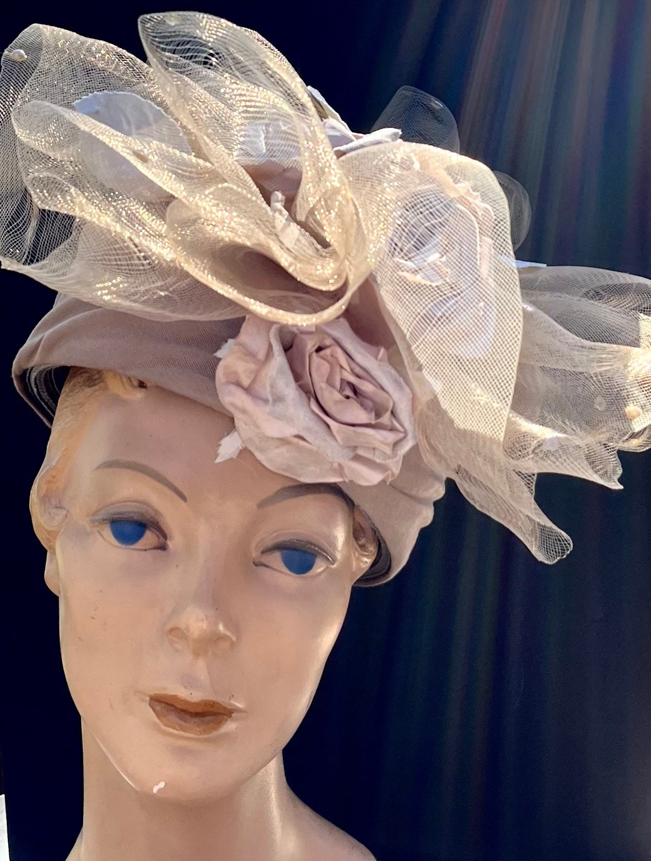 Whittall & Shon Ivory Pillbox Hat with Tulle Bow and Pearl Trim Huge Tulle Bow Pillbox Hat ~ Whittall & Shon Velvet Flowers  main image 3