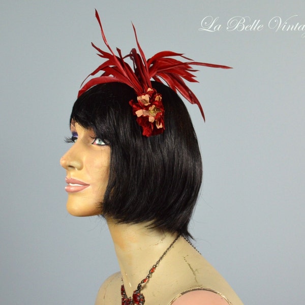 années 1920 clapet bandeau rouge écarlate bibi Vintage récupéré plume et velours fleur accessoire de coiffure