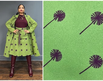 Dandelion Novelty Print Wool Suit XS S ~ Vintage 1970’s Green Swing Coat Flare Skirt Set ~ OOAK