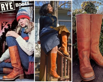 FRYE Pre Label Campus Boots US 7 UK 5 ~ Vintage 1970s Russet Longhorn Stitching ~ 17” Knee High Stacked Heel