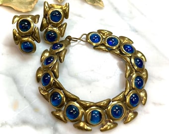 1930s Czech Art Deco Demi Parure Bracelet Earrings Set ~ Sapphire Blue Glass Cabochon ~ Gilt Brass Link Bracelet Vintage Jewelry