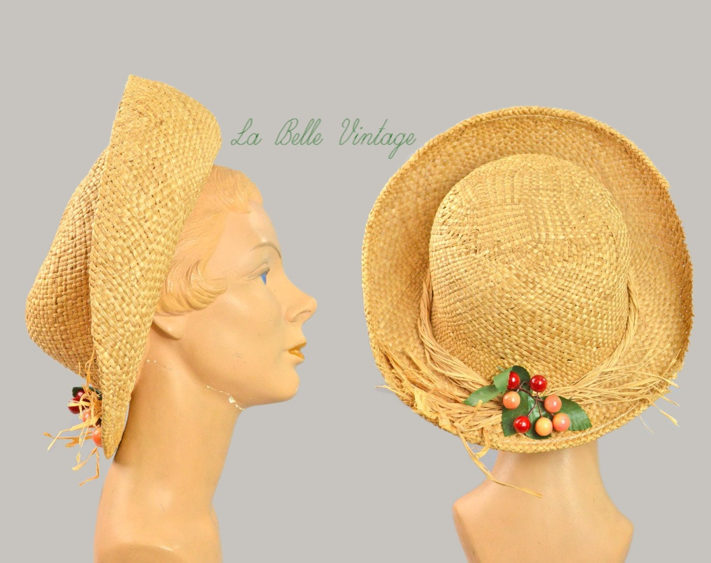 Vintage HARPER BROTHERS Tan Natural Woven Straw Sun Hat Cream Band Cherry Accent Vintage Floral Wheat Straw Hat: Retro Summer Garden Party  main image 2