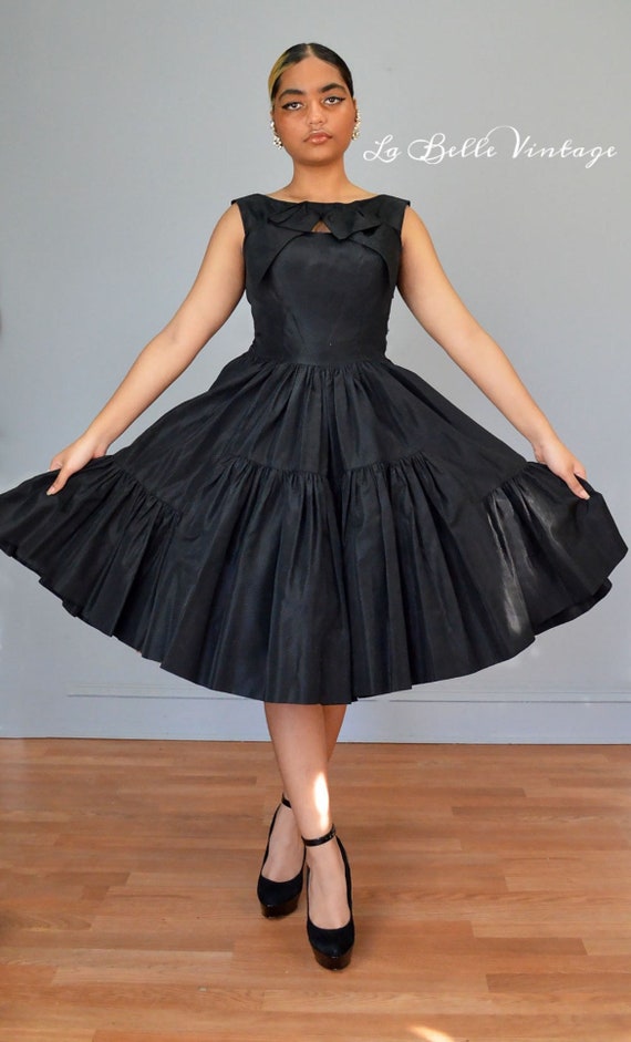 black retro cocktail dress Vintage Black Satin Halter Tea-length Puffy Cocktail Dress