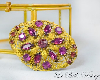 1930s Ornate Gold Brooch Vintage Large Filigree Pin ~ Prong Set Purple Rhinestones