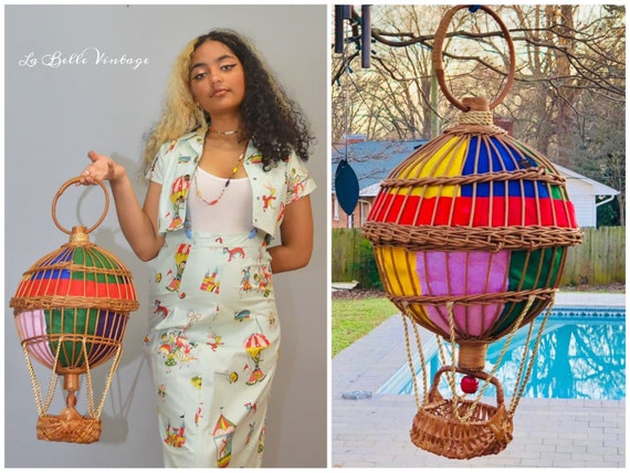 HUGE Novelty Hot Air Balloon Wicker Purse Vintage… - image 1