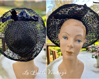 1930's Webbed Lace Straw Net Hat ~ Vintage Modernette Sheer Picture Hat