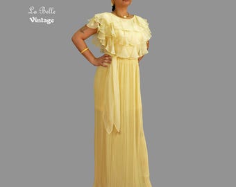 Jack Bryan Sheer Caped Maxikleid S M ~ Vintage Akkordeon Plissee Bodenlanges Kleid ~ Zitronengelber Rüschen Chiffon