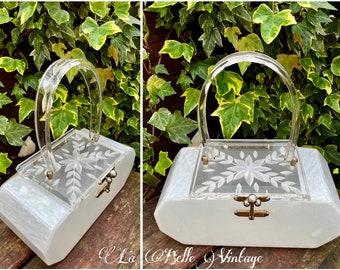 Carved Lucite Purse ~ Vintage 1950s Pearl White & Translucent Lucite Handbag ~ Carved Flower Stars Lid