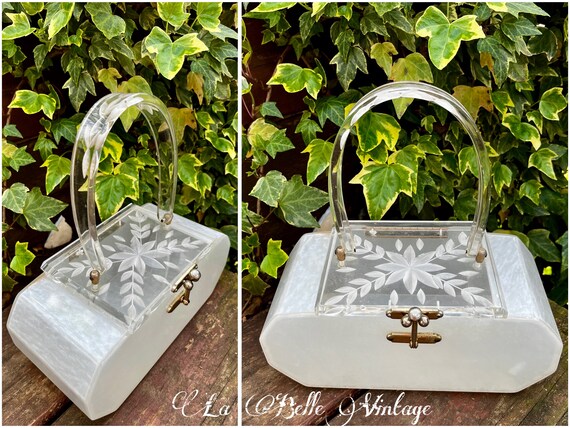 Carved Lucite Purse ~ Vintage 1950s Pearl White &… - image 1