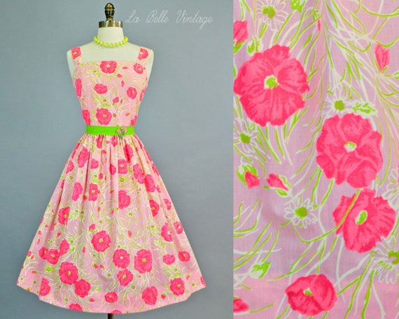 Poppy Print 1960s Cotton Floral Dress S Vintage Se