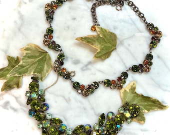 1950s Regency Rhinestone Bracelet & Necklace Demi Parure ~ Viridescent Green Art Glass Stones