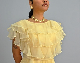 Jack Bryan Sheer Caped Maxi Dress S M ~ Vintage Accordion Pleated Floor Length Gown ~ Lemon Yellow Ruffled Chiffon