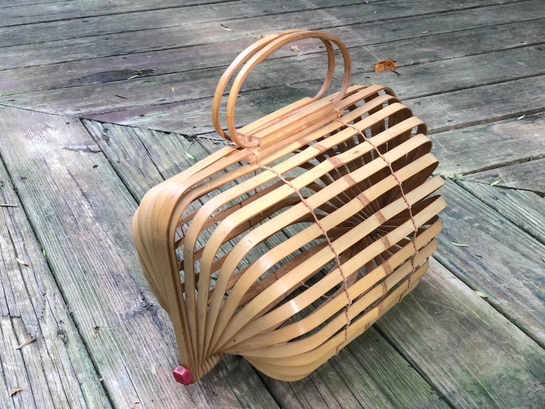 Vintage 40s Bamboo Accordion Purse 1940s Fish Basket Folding Bag Occupied Japan Slat Handbag image 4