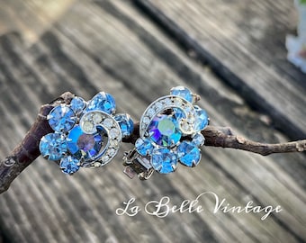 Weiss Blue Earrings ~ Vintage 1950s Blue Rhinestone Swirl Clipons