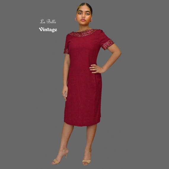 Malcolm Starr 1960s Beaded Dress M ~ Burgundy Sequin Cocktail Dress Vintage Designer Evening Dress