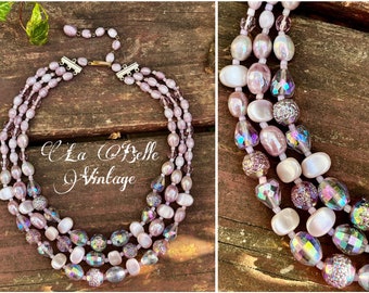 Germany Satin Glass Necklace ~ Vintage 1940s Pastel Lavender Colorful Carnival Beaded Choker ~ Multi Strand Iridescent Crystal Beads