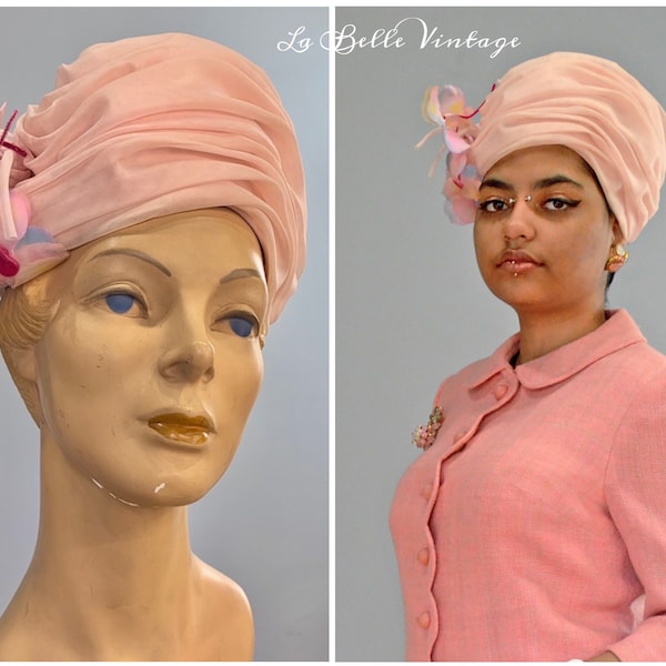 Christian Dior Pink Chiffon Hat ~ High Pleated Turban ~ Floral Spray ~ Vintage 1960s Pillbox Chapeau