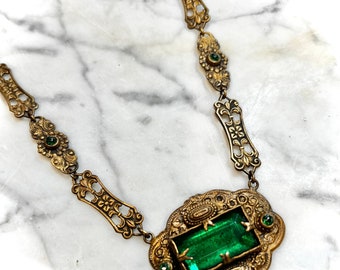 1930’s Czech Green Glass Brass Choker ~ Vintage Art Deco Gilded Necklace