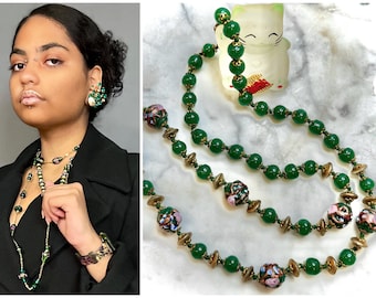 1930’s Green Jade Glass Necklace ~ Vintage Hand Knotted Venetian Wedding Cake Bead Necklace