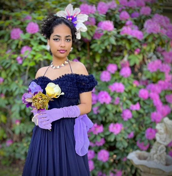 Stunning 1940s Off Shoulder Tulle Ball Gown Ink Blue ~ Old Hollywood Evening Dress ~ Vintage Bridal Alternative ~ Complete Ensemble Stunning 1940s Off Shoulder Tulle Ball Gown Ink Blue ~ Old Hollywood Evening Dress ~ Vintage Bridal Alternative ~ Complete Ensemble
