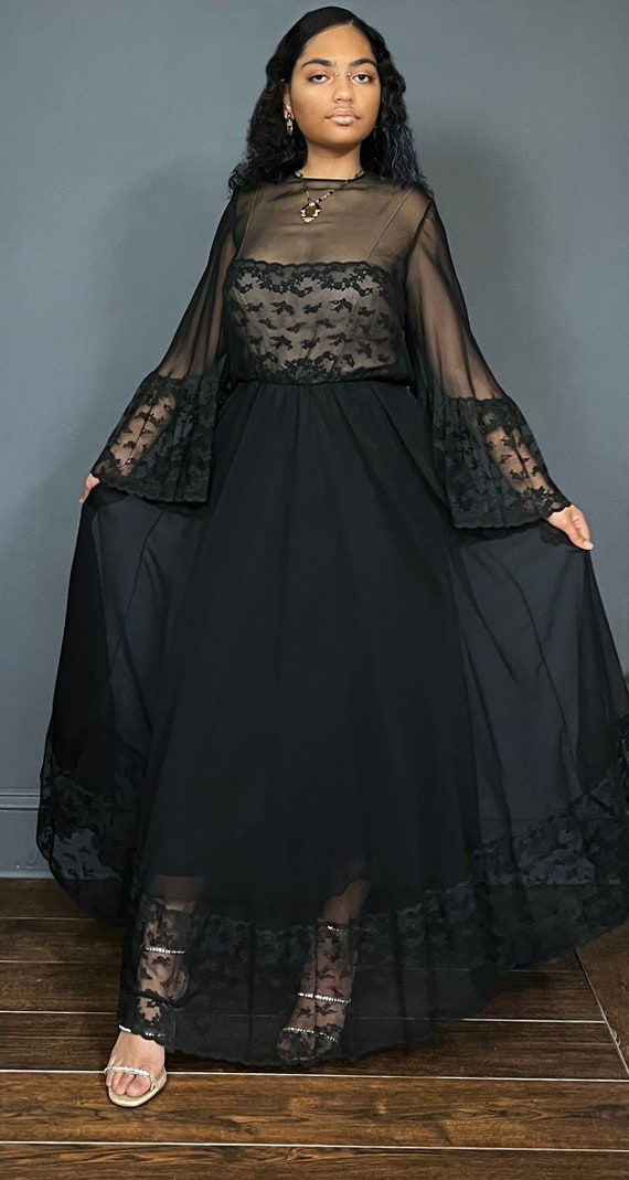 Flare Sleeve Sheer Black Gown S ~ Vintage Illusion Lace Maxi Dress with Matching Jewelry Set ~ Victoria Royal Ltd
