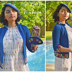 Jaren 1930 geborduurd gebreide blauwe trui Set XS Vintage gehaakte vest schotel hoed portemonnee ensemble