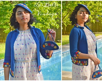 1930s Embroidered Knit Blue Sweater Set XS Vintage Crochet Cardigan Saucer Hat Purse Ensemble