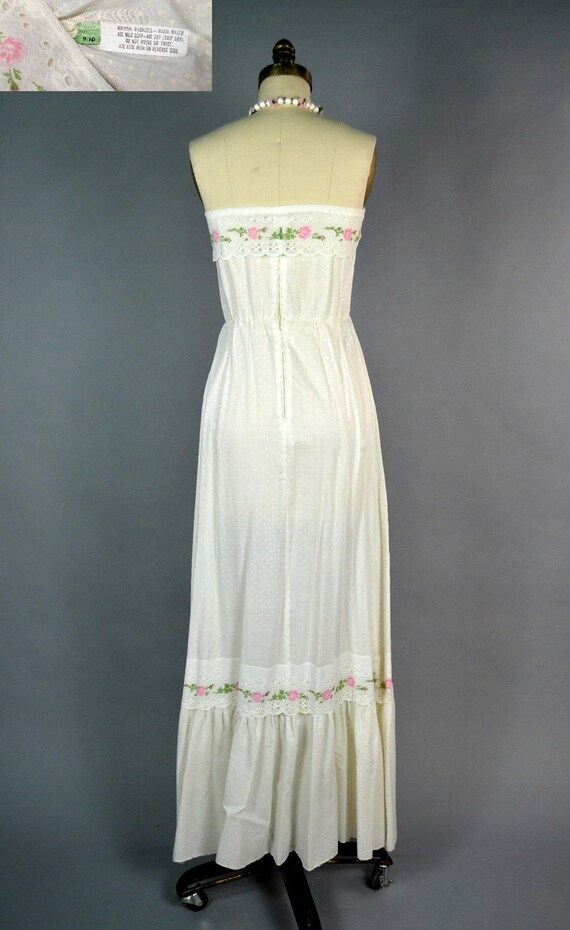Romantic White Strapless Dress Set ~ Sheer Swiss Dot Maxi Flounce Skirt ~ Vintage 70s Pink Rose Embroidered Lace Romantic White Strapless Dress Set ~ Sheer Swiss Dot Maxi Flounce Skirt ~ Vintage 70s Pink Rose Embroidered Lace