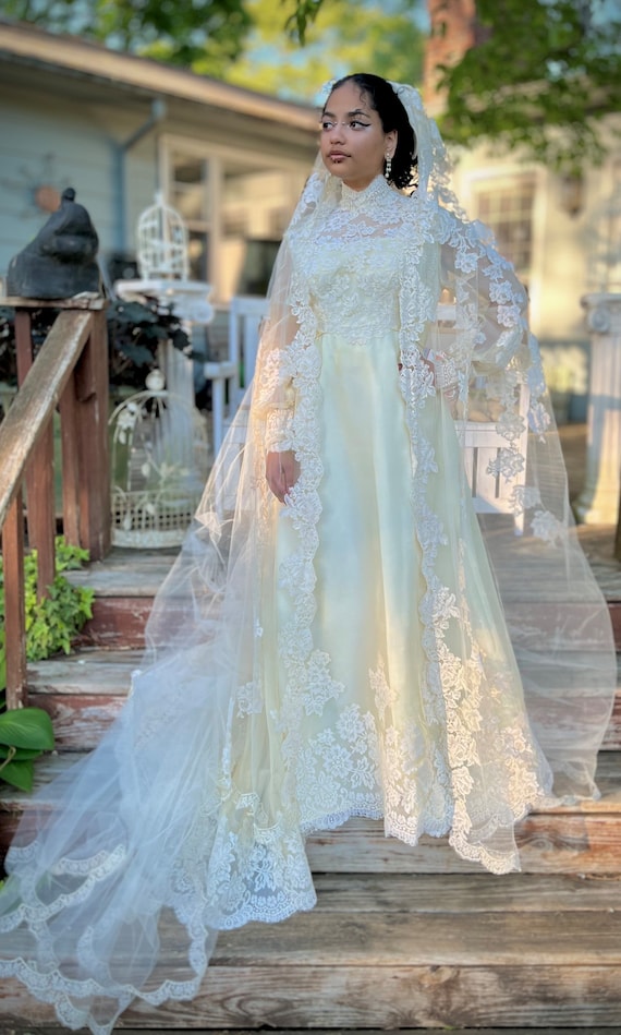 ivory silk organza wedding dress & Crown Veil ~ Vintage 1970s Priscilla of Boston Floral Lace Gown ~ High Neckline Bishop Sleeves organza fabric wedding dress