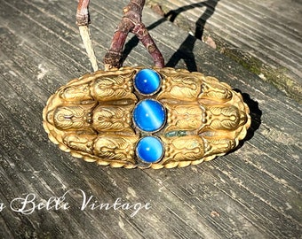 1930s Blue Moonstone Huge Gold Brooch ~ Vintage Large Statement Pin ~ Czech Satin Glass Cabochons