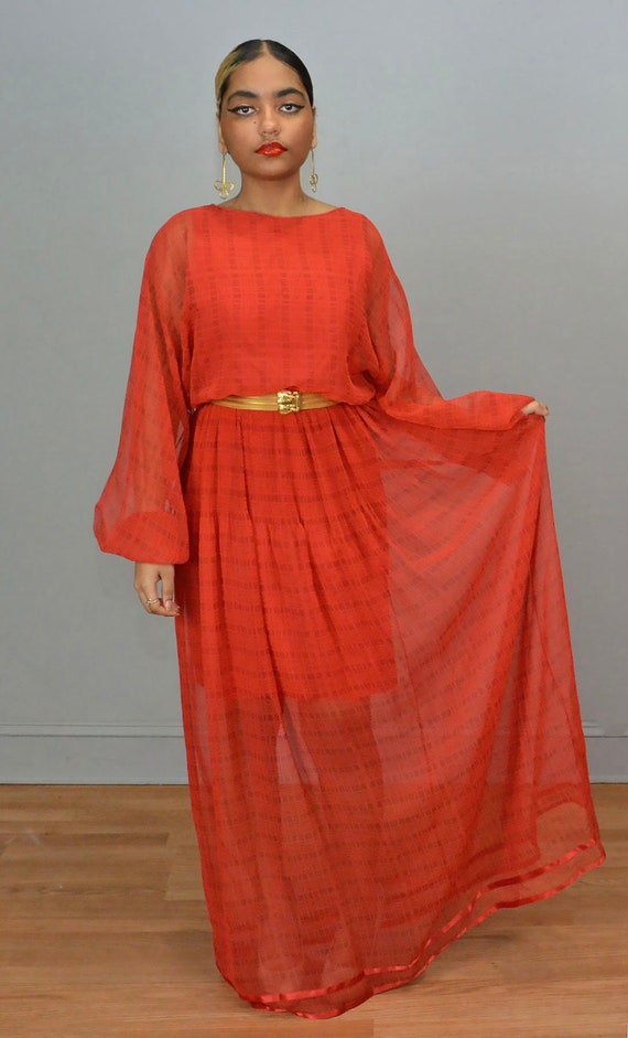 Victor Costa Vintage Red Sheer Maxi Party Dress S… - image 4