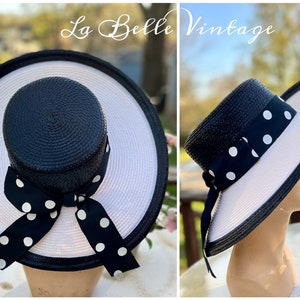 Polka Dot Ribbon Picture Hat ~ Chic Wide Brim Black & White Chapeau ~ Betmar Deadstock