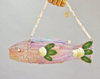 Novelty Fish Shaped Figural Handbag Vintage Wicker Tropical Parrot Fish OOAK Animal Purse