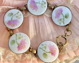 Vintage 1920s Gold Plated Bracelet ~ Hand Painted Pink Floral Vermeil over Silver Art Nouveau Antique Jewelry