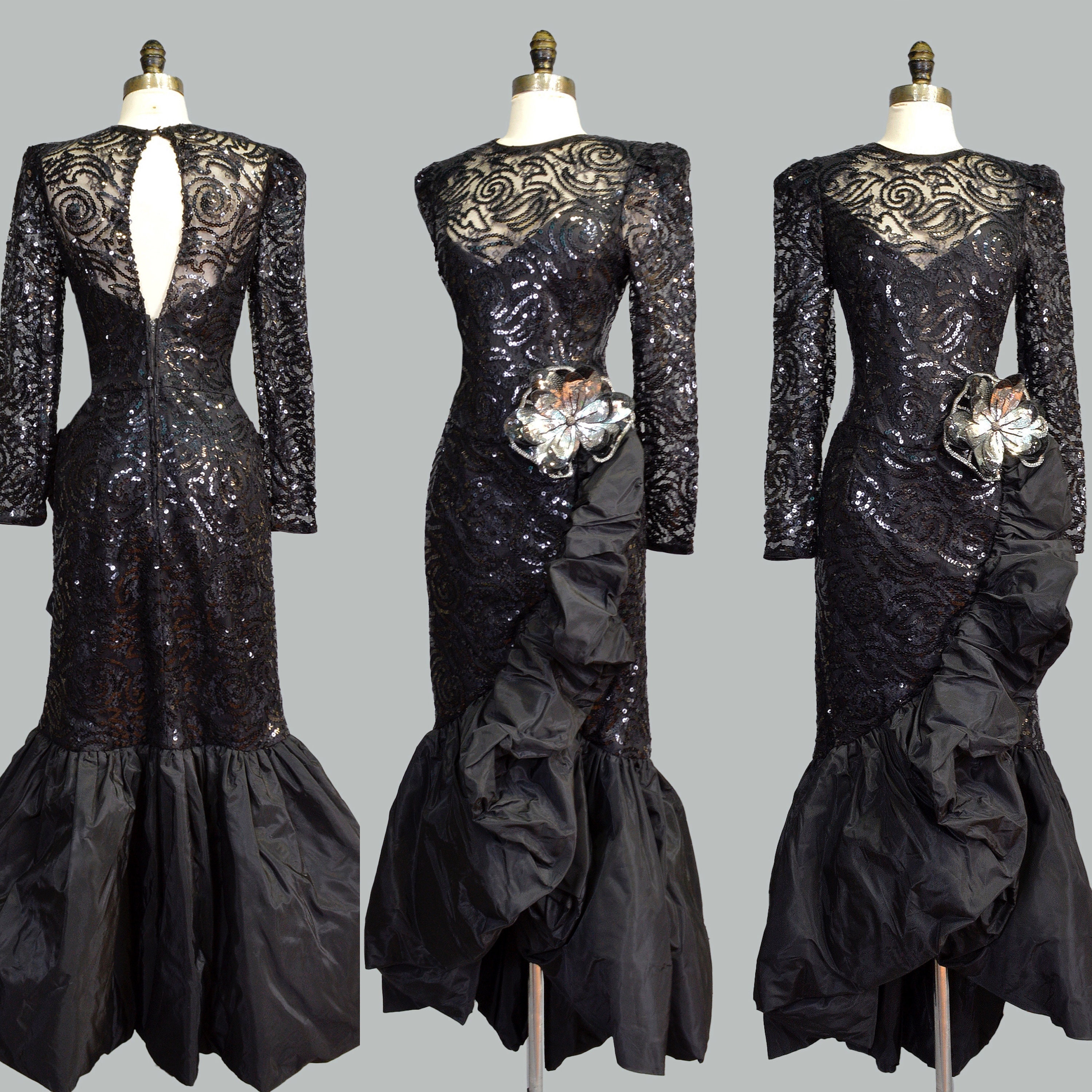 Vintage Lillie Rubin Sequin Mermaid Gown 1980s Black Beaded Evening Dress ~ Asymmetrical Ruffle Vintage Lillie Rubin Sequin Mermaid Gown 1980s Black Beaded Evening Dress ~ Asymmetrical Ruffle
