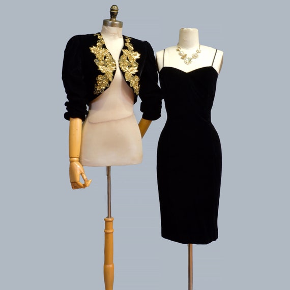 sachin and babi light blue dress Gold Sequin Matador Bolero & Mini Dress S M ~ Vintage 1980s Bombshell Pinup  Party Set ~ Black Velvet Mini Cocktail Dress